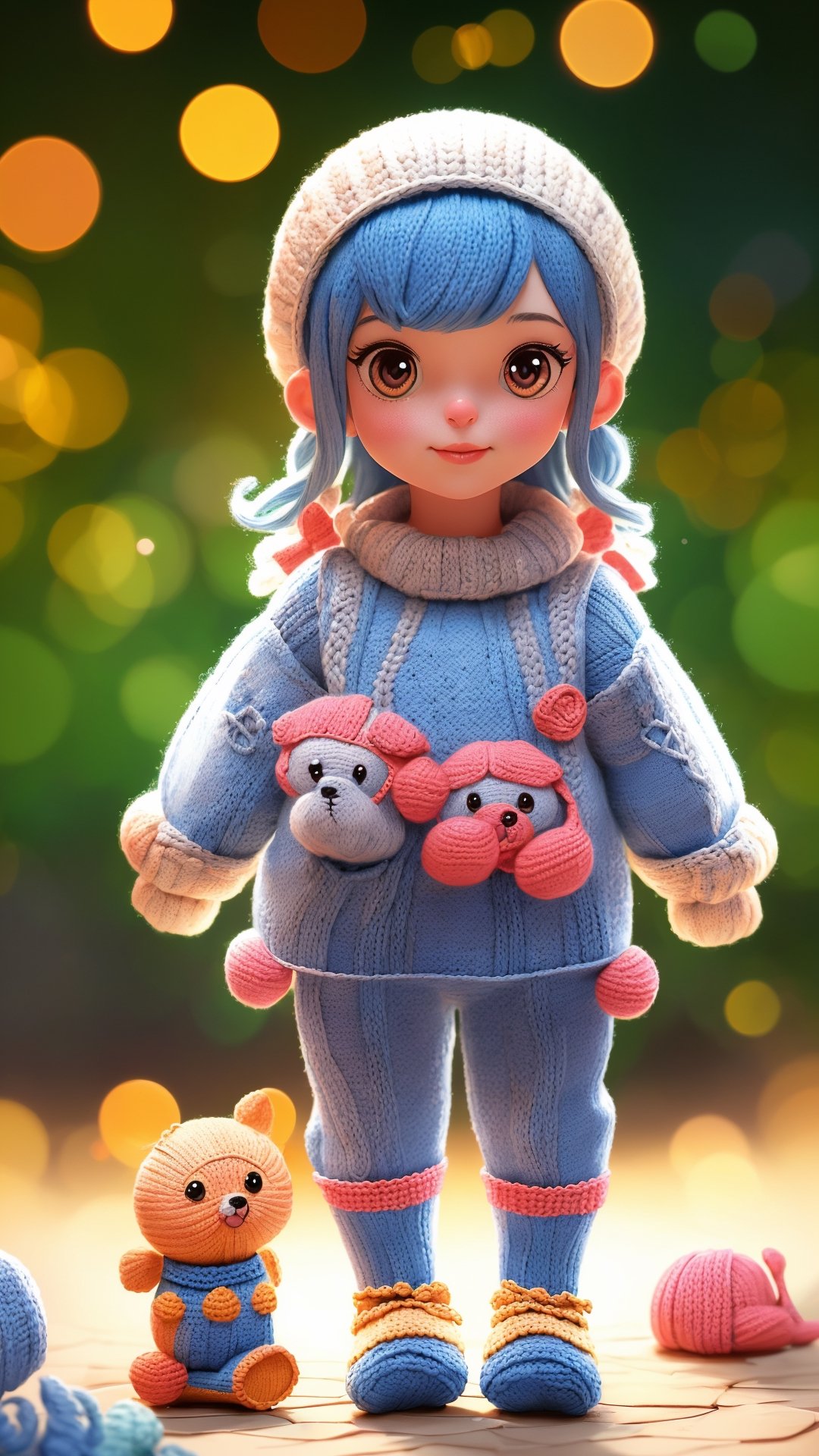 (cute knitted creatures:1.4), portrait, photography, detailed skin, realistic, photo-realistic, 8k, highly detailed, full length frame, High detail RAW color art, diffused soft lighting, shallow depth of field, sharp focus, hyperrealism, cinematic lighting, bokeh