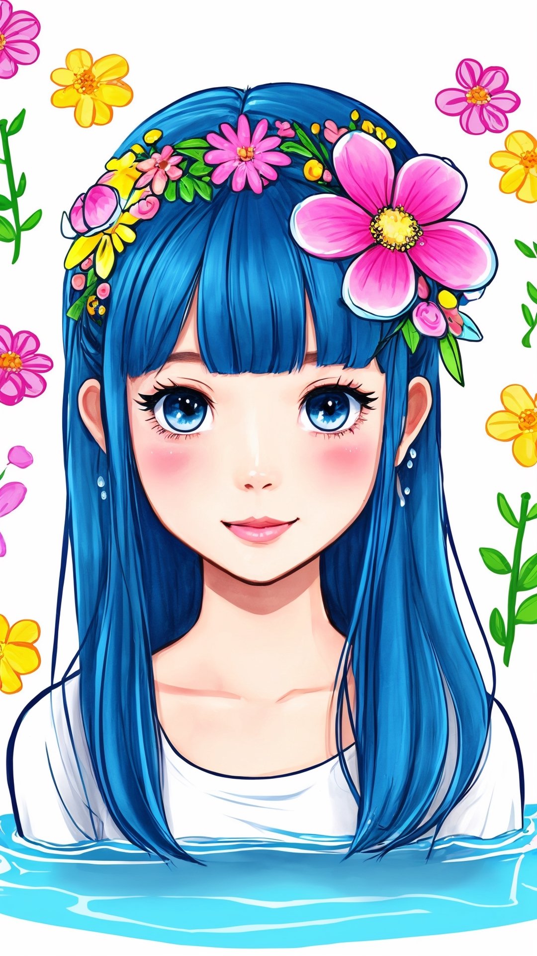 1girl, cartoon, mix cute flower doodle water collor