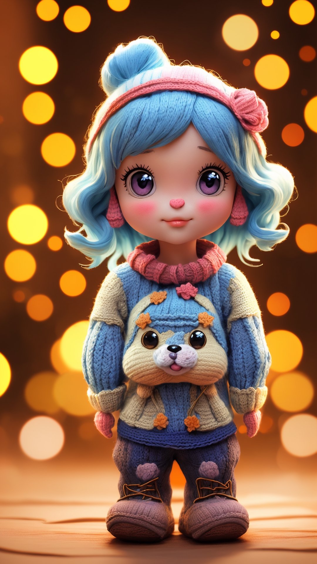 1girl, (cute knitted creatures:1.4), portrait, photography, detailed skin, realistic, photo-realistic, 8k, highly detailed, full length frame, High detail RAW color art, diffused soft lighting, shallow depth of field, sharp focus, hyperrealism, cinematic lighting, bokeh