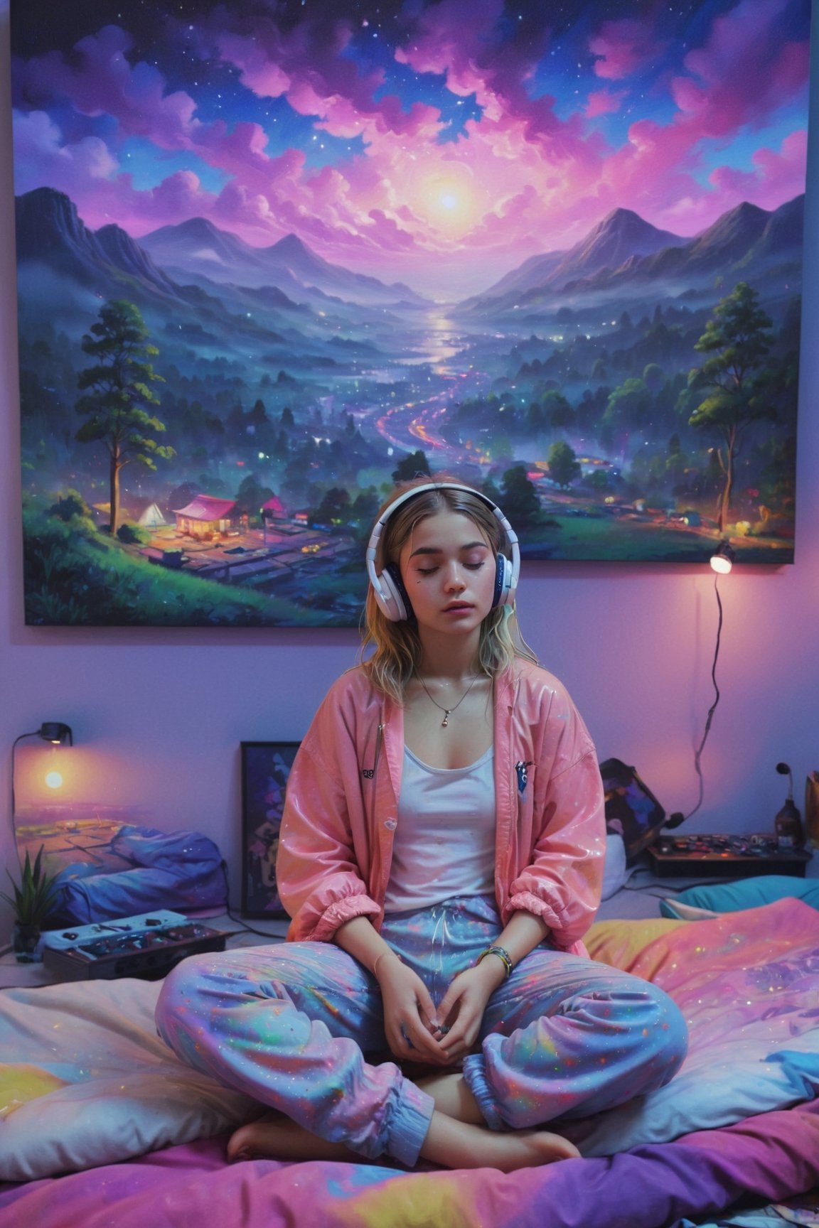 fine art, oil painting, amazing sky, . European Hippie Girl meditating in her room, dreaming, Wear headphones, night lights, Neon landscape on a rainy day, Analog Color Theme, Lo-Fi Hip Hop , retrospective, flat, 2.5D