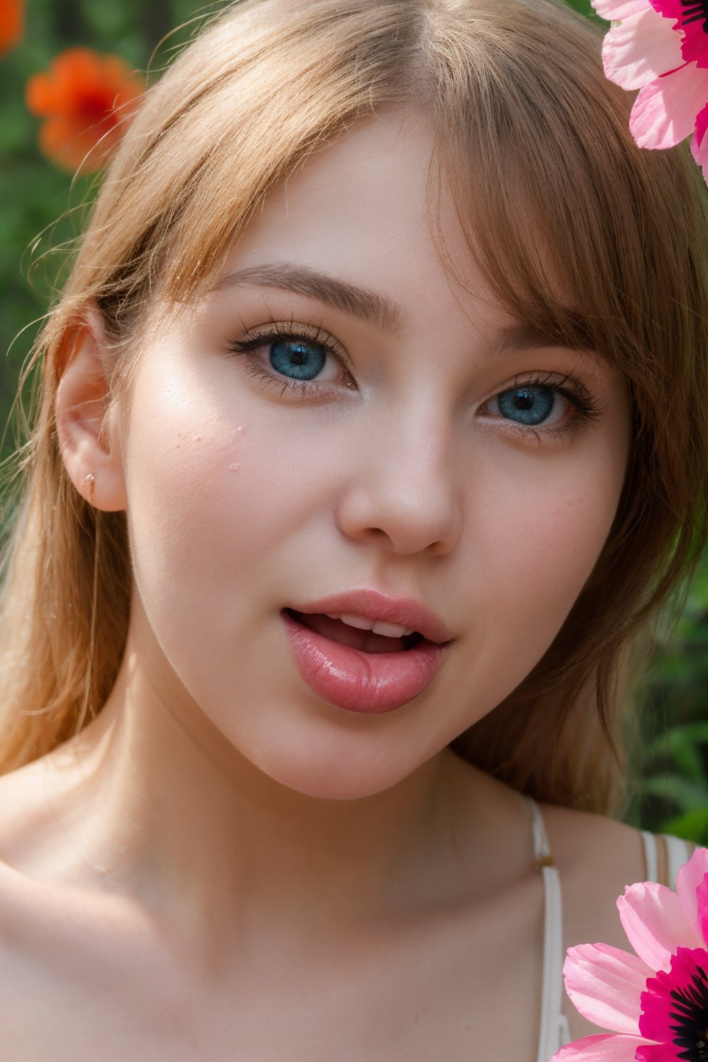 1girl, solo, elegant hair, (looking at the viewer: 1.1), tight small bikini, wild poppies swaying in the breeze, filmg , sweet_lolita, Best quality, masterpiece, blond hair, blue eyes. Open your mouth,,Exquisite mouth,((Ejaculation in the mouth)),Delicate s,mouth,Very detailed face,blush,Shiny wet skin,Normal tongue,Do not stick out your tongue,Pink lips,Delicate lips, ((all over the face, mouth and cheeks))