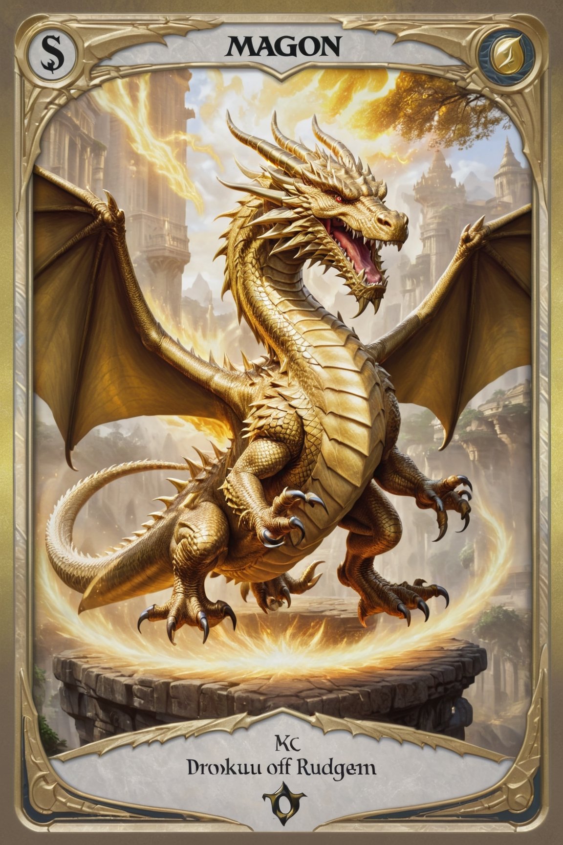 magic the gathering dragon card, in a gold frame with a light gold field under the image of a dragon, with a detailed description of the rules of the card