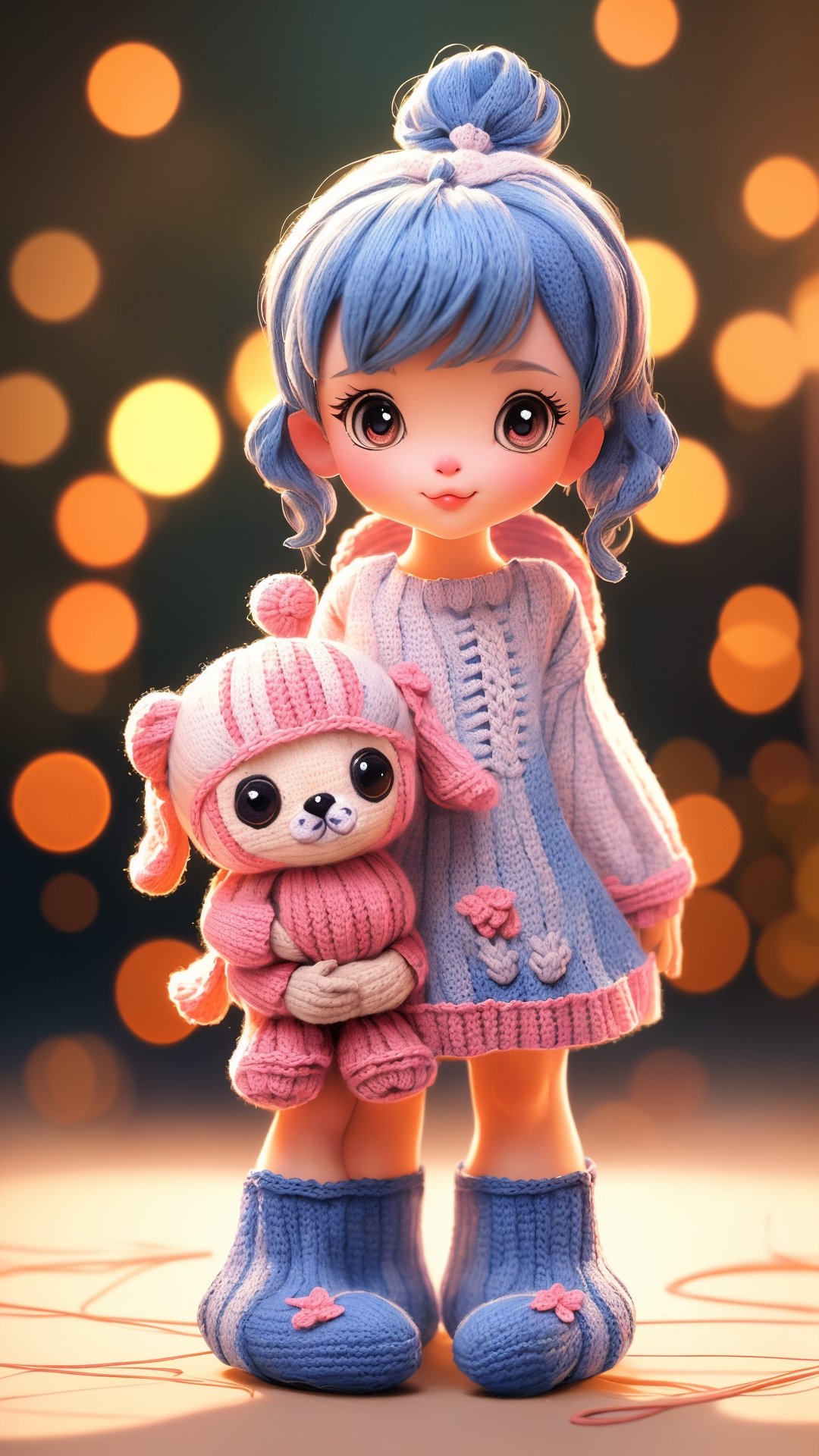 1girl, (cute knitted creatures:1.4), portrait, photography, detailed skin, realistic, photo-realistic, 8k, highly detailed, full length frame, High detail RAW color art, diffused soft lighting, shallow depth of field, sharp focus, hyperrealism, cinematic lighting, bokeh