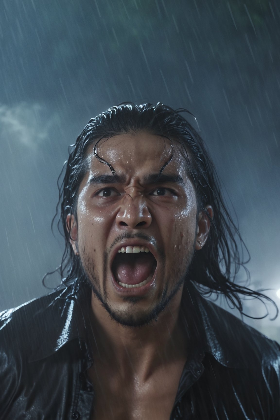 1 man, close-up, screaming, glowing smoke eyes, in the middle of a storm, long hair whipping around, rain and lighting, 4K, Niji style