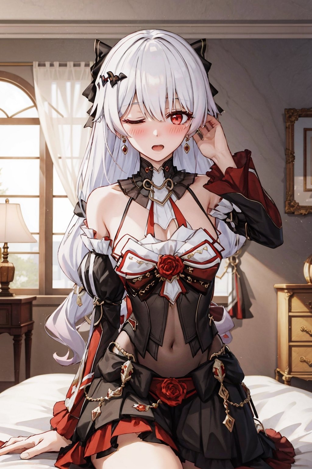 masterpiece, best quality, highres, dayuexi, pov, 1girl, solo, Lunar Vow, white hair, red eyes, upper body, pov, sitting on floor, living room, bedroom, one eye closed, wink, blush, open mouth, adjusting hair, hand on thighs, cowboy shot, perfect human hands, perfect hands, good fingers,