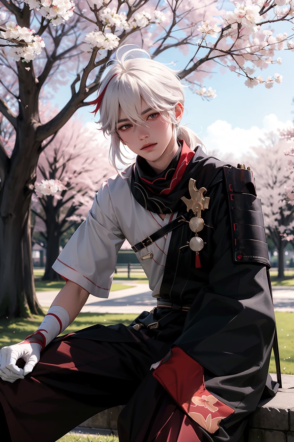 (masterpiece, best quality, highres, detailled), 1boy, kazuha, white hair, red lock of hair, looking at viewer, sitting, in a park, sakura tree, wind