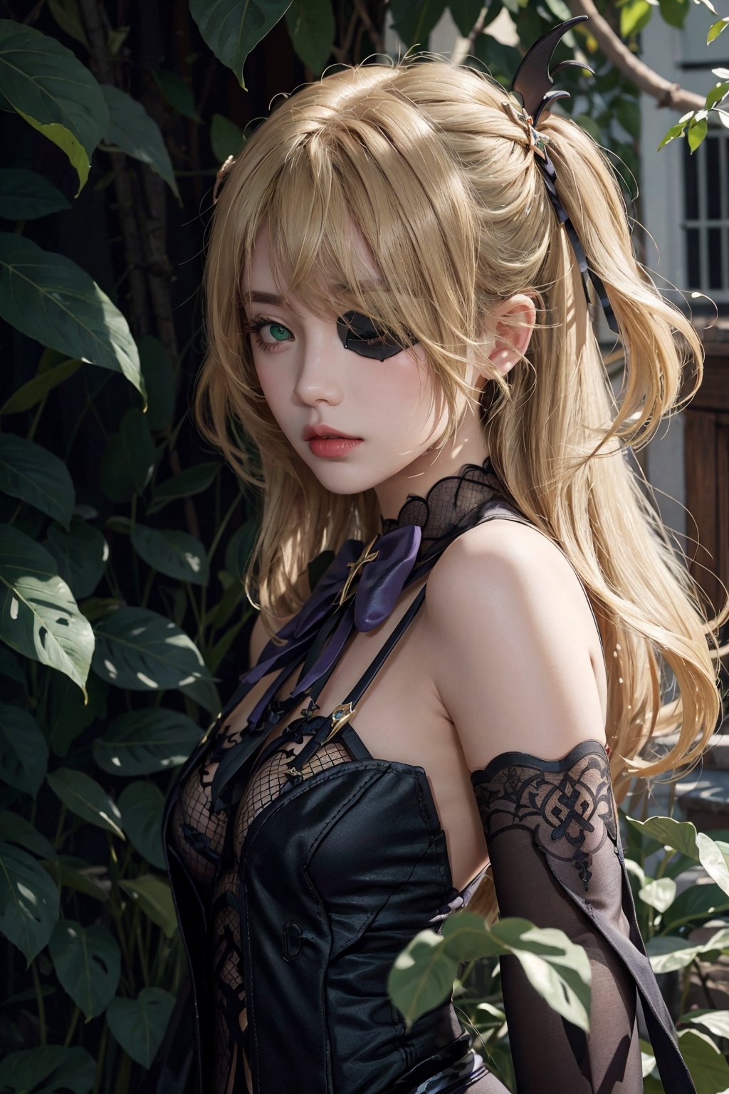 1girl, solo, fischl ,genshin impact, solo, upper body, photorealistic, soft light, eyepatch, two side up, blonde hair,long hair, bangs, hair ornament,hair over one eye, green eyes,ribbon,bow,bowtie,bare shoulders, gloves, garter straps,fishnet bodysuit,