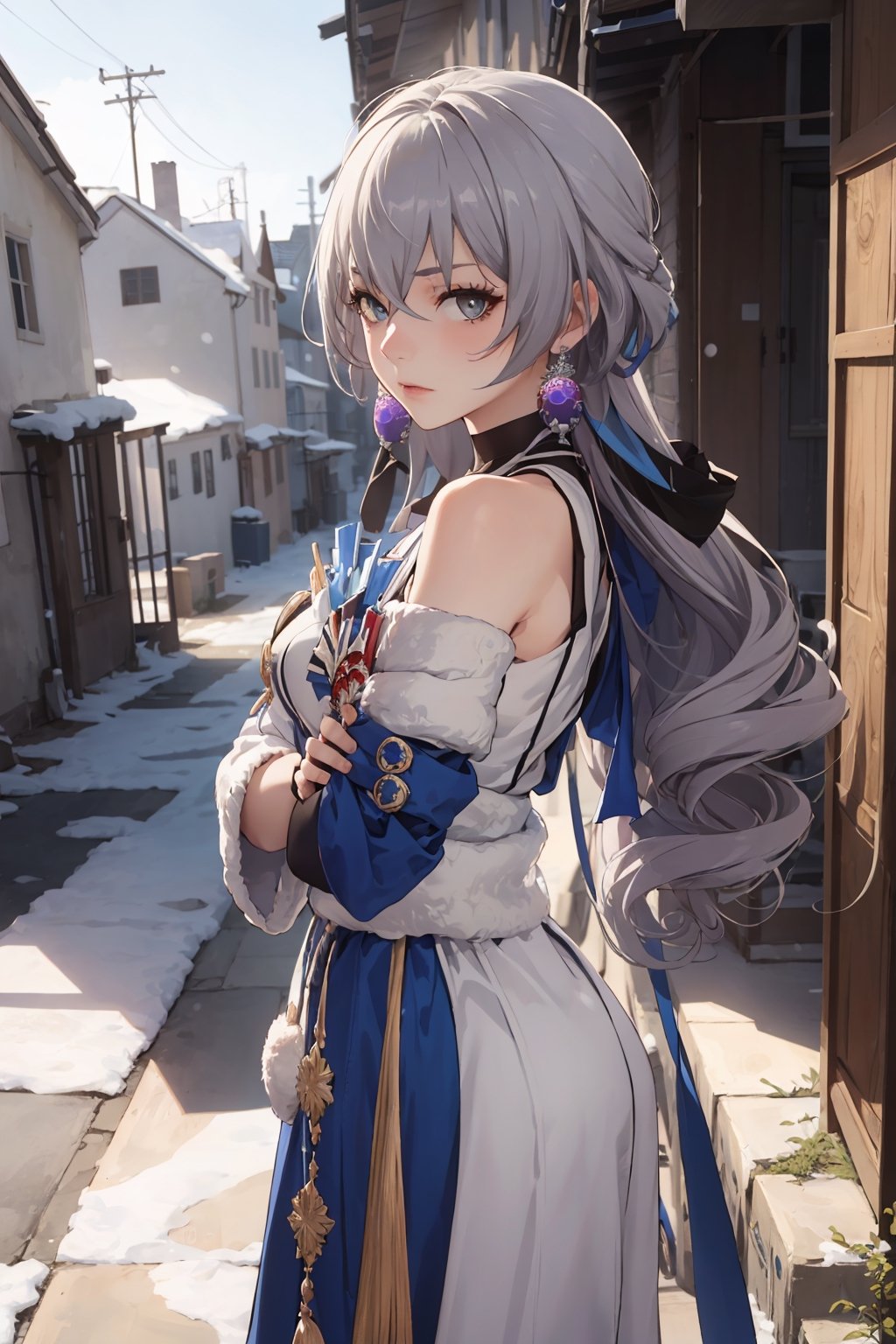 (best quality), (masterpiece), (highres), (ultra-detailed), (beautiful detailed eyes), (detailed background), BREAK, (Bronya Rand:1.3), (Honkai STAR Rail), (1girl:1.3, solo), (realistic skin), (detailed clothes), (extremely detailed hair), (highly detailed eyes and pupils), (juicy lips), BREAK, (face lighting), (back light), (close view:0.8), (pov:1.3), ( starring at the viewer:1.5), BREAK, (grey sky), (winter, snowflake), (snow), (cold wind), (old abandonned house in background), BREAK, (attractive posing), (sulky expression), (slight head tilted to the left side), (crossed arms), (perfect anatomy), (perfect human hands), (perfect human arm), (bokeh), (depth of field), (hyper sharp image), (professional photo).