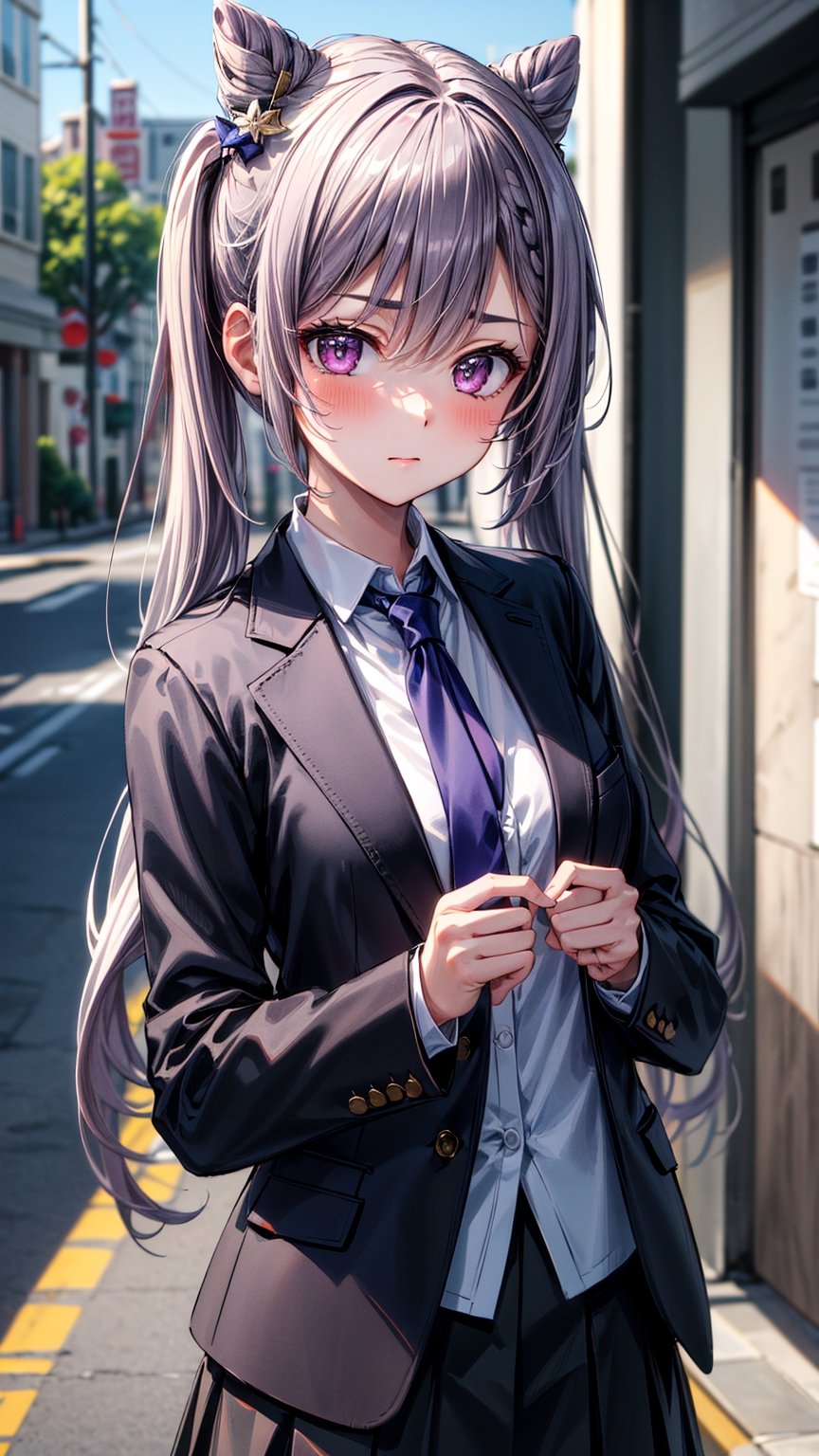 (masterpiece, best quality, highres, detailled), 1girl, keqingdef, keqing, upper body, (black collared shirt, open blazer, black plated skirt), looking at viewer, shy, blush, outdoor, street