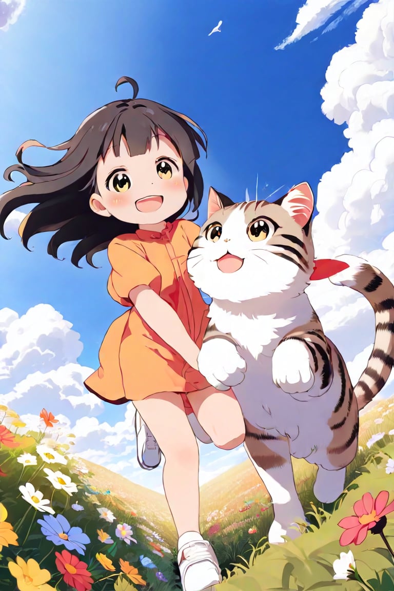 A joyful scene unfolds as a young girl with ahoge hair and eyes beams directly at the viewer. Her happiness is infectious, radiating from her bright smile. Against a blue sky with fluffy clouds, she rides a massive cat that leaps into frame, its paws barely grazing the lush meadow grass. Vibrant flowers bloom around them, adding to the whimsical atmosphere. The camera captures this delightful moment from a low-angle point-of-view (POV), emphasizing the girl's exuberance and the cat's playful majesty.