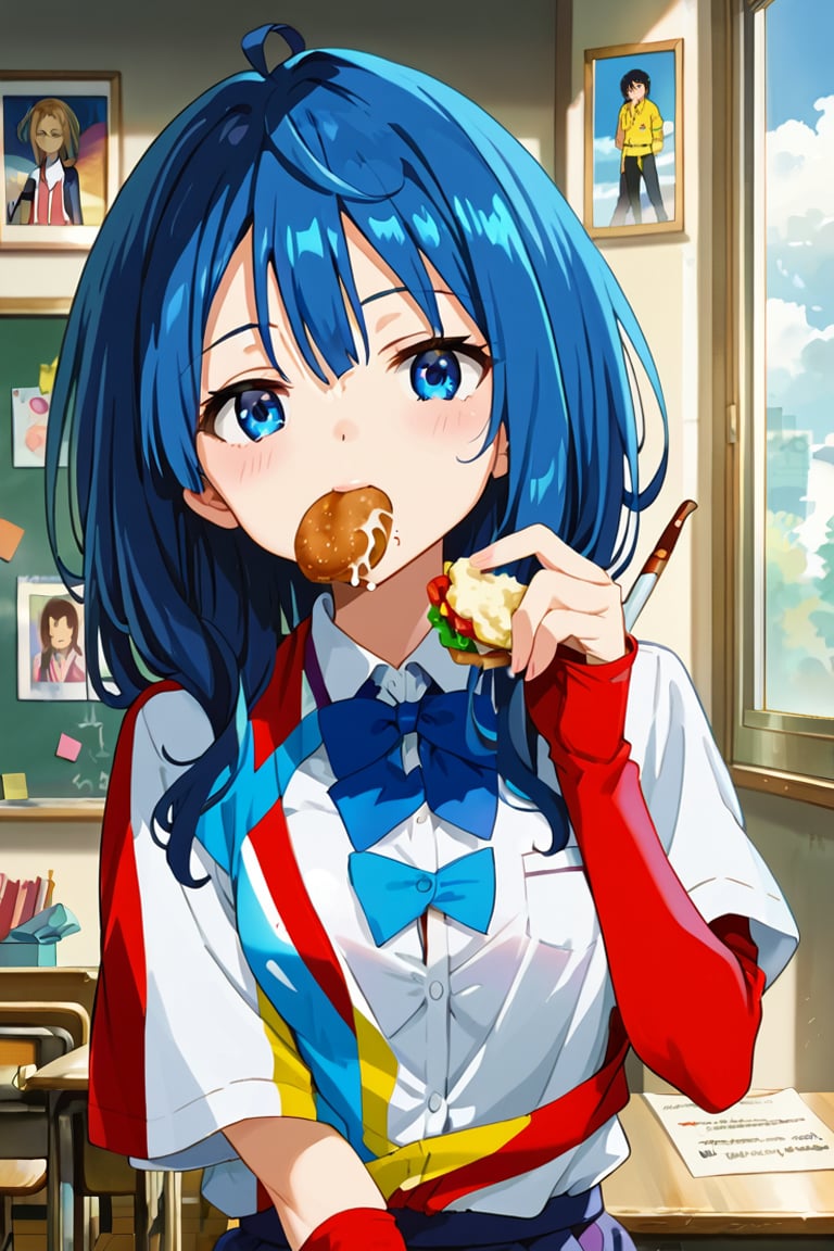  (masterpiece, best quality, ultra-detailed, 8K),(picture-perfect face),best quality, anime style, 1girl, detailed hair, solo, detail eye, full body,
,Anna Yanami from Too Many Losing Heroines!  , blue hair, long hair, hair between eyes, blue eyes ,sexy  ,sexy pose, beautiful_female_fingers,school uniform,Yanami_A, at school, school_girl, classroom, detailed background,unbuttoned shirt, eating,showing the brasier through the shirt a little bit, blue brasier,score_9,score_8_up,score_7_up,source_anime,BREAK,alya_imoto,masha_ane,suouyuki_imoto