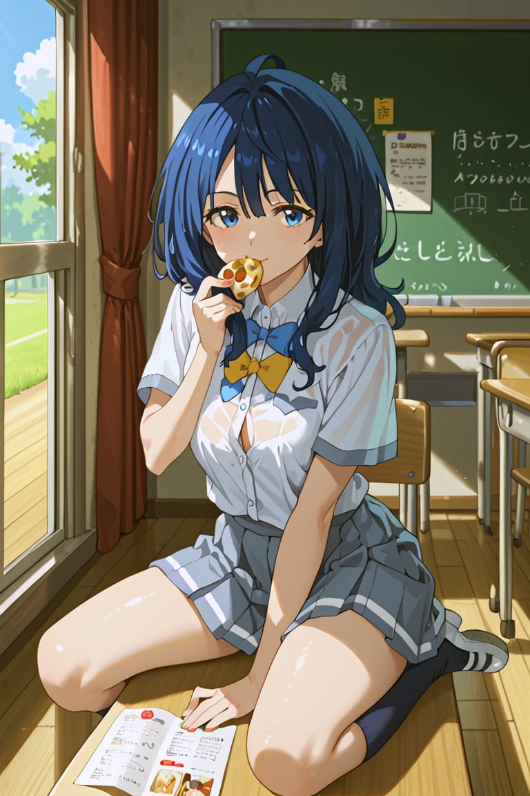  (masterpiece, best quality, ultra-detailed, 8K),(picture-perfect face),best quality, anime style, 1girl, detailed hair, solo, detail eye, full body,
,Anna Yanami from Too Many Losing Heroines!  , blue hair, long hair, hair between eyes, blue eyes ,sexy  ,sexy pose, beautiful_female_fingers,school uniform,Yanami_A, at school, school_girl, classroom, detailed background,unbuttoned shirt, eating,showing the brasier through the shirt a little bit, blue brasier