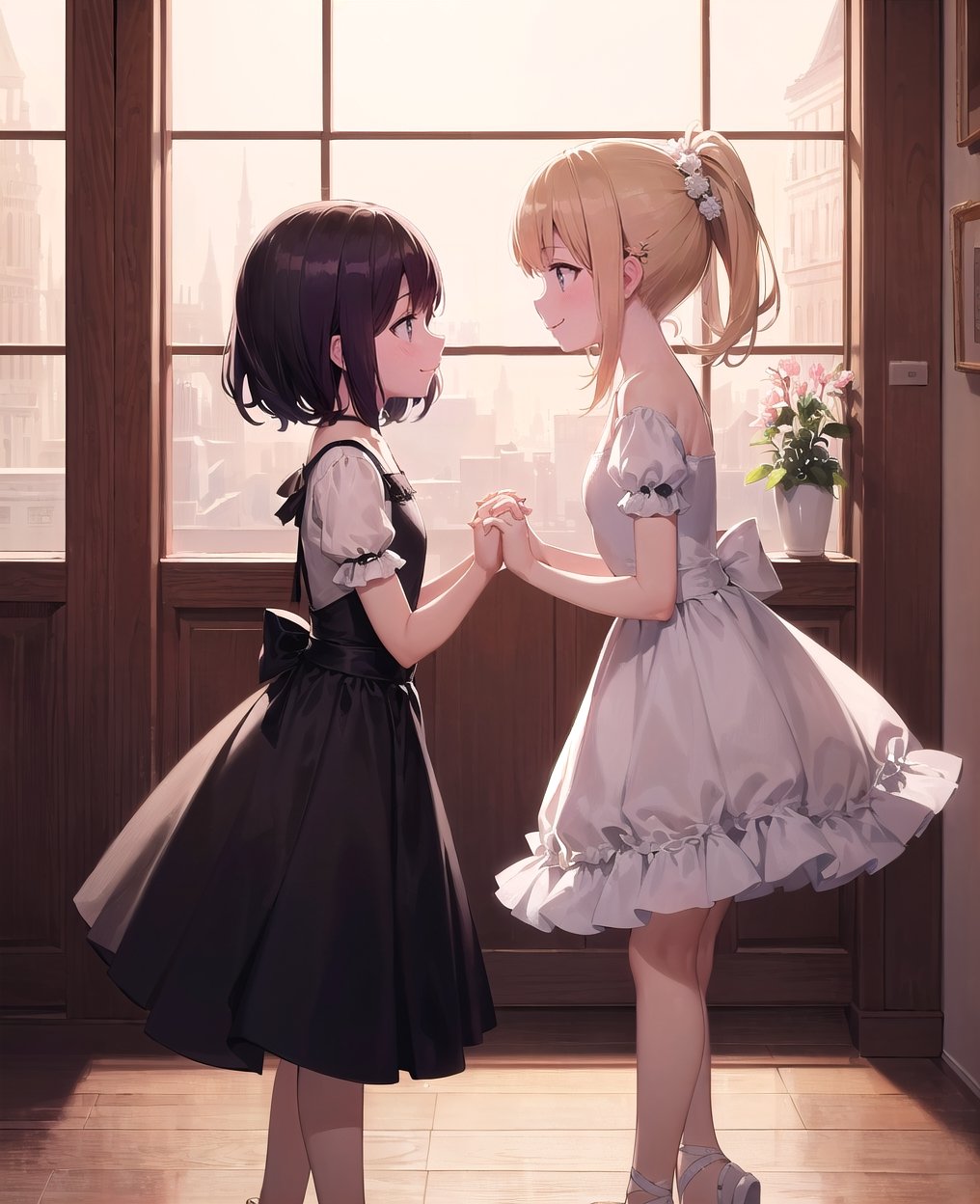 ((masterpiece, high quality, better lighting, absurdres, best quality, illustration)),
(2girls), smile, (cute, kawaii), cute, (ballerina), (indoors), ((looking at another, talking)), ((tiptoes)), ((holding hands))