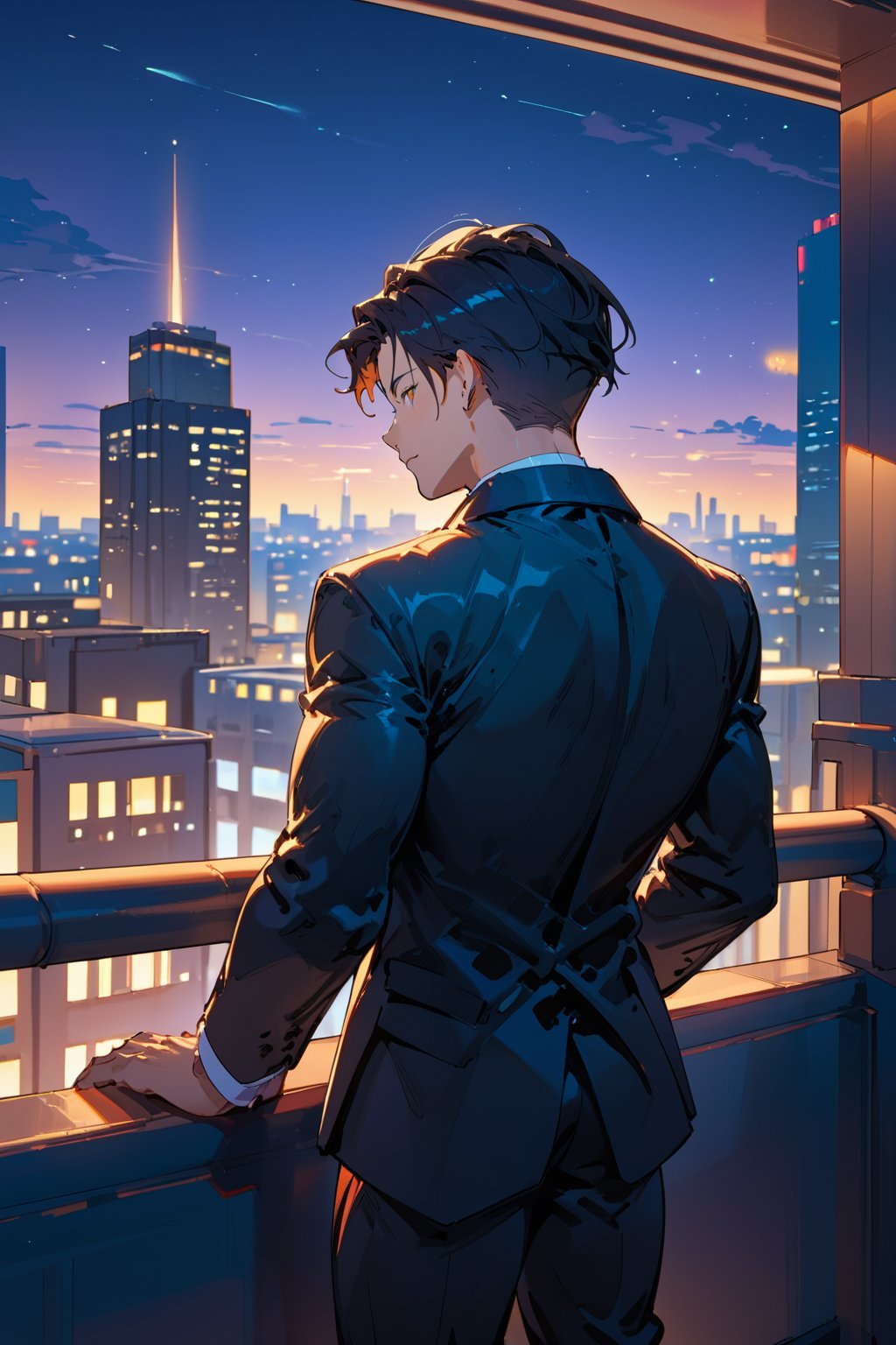 Score_9, Score_8_up, Score_7_up, Score_6_up, Score_5_up, Score_4_up, night, 1boy (black hair), sexy guy, standing on the balcony of a building,city, modern city, night,looking at the front building, wearing a suit, sexy pose,leaning on the railing, long_sleeves, cityscape,jaeggernawt,2b-Eimi