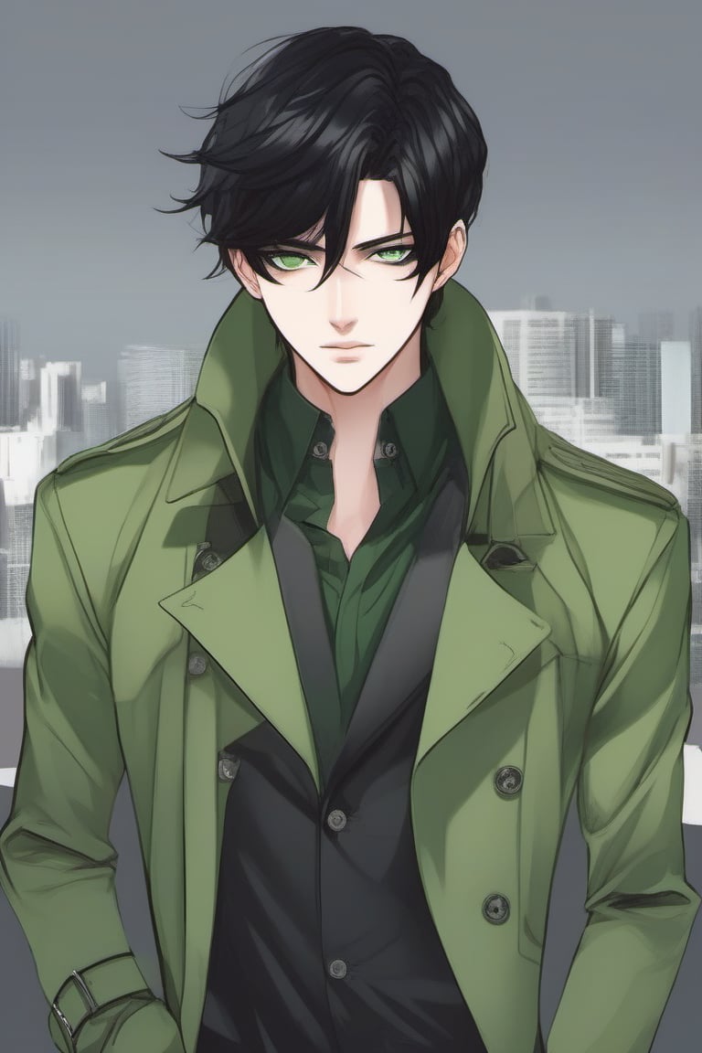 1boy, single, sole_male, black_hair, short hair, blavk_eyes, green clothes, black trenchcoat, prosthetic_eye, upper_body, fierce, detailed, detailed_face, detailed_eyes, high resolution, bold, korean Manhwa art style, Detailedface,jaeggernawt