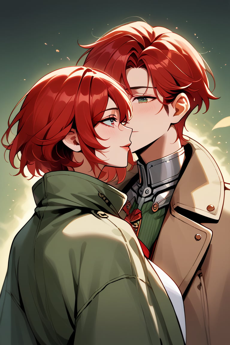 1boy,black_hair, short hair, black_eyes, green clothes, black trenchcoat, prosthetic_eye, 1girl, long red hair girl, sexy pose, couple, upper_body, fierce, detailed, detailed_face, detailed_eyes, high resolution, bold, Detailedface,jaeggernawt,manhwa,