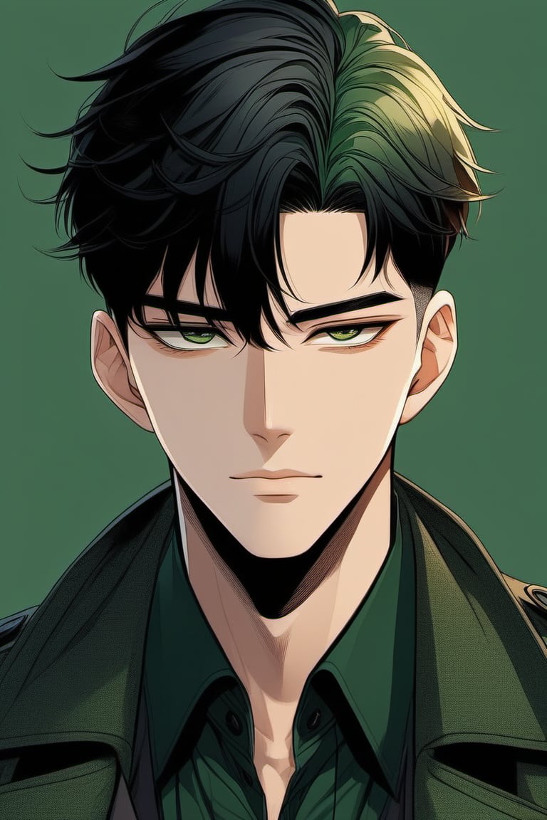 1boy, single, sole_male, black_hair, short hair, black_eyes, green clothes, black trenchcoat, prosthetic_eye, upper_body, fierce, detailed, detailed_face, detailed_eyes, high resolution, bold, korean Manhwa art style, Detailedface,jaeggernawt,manhwa