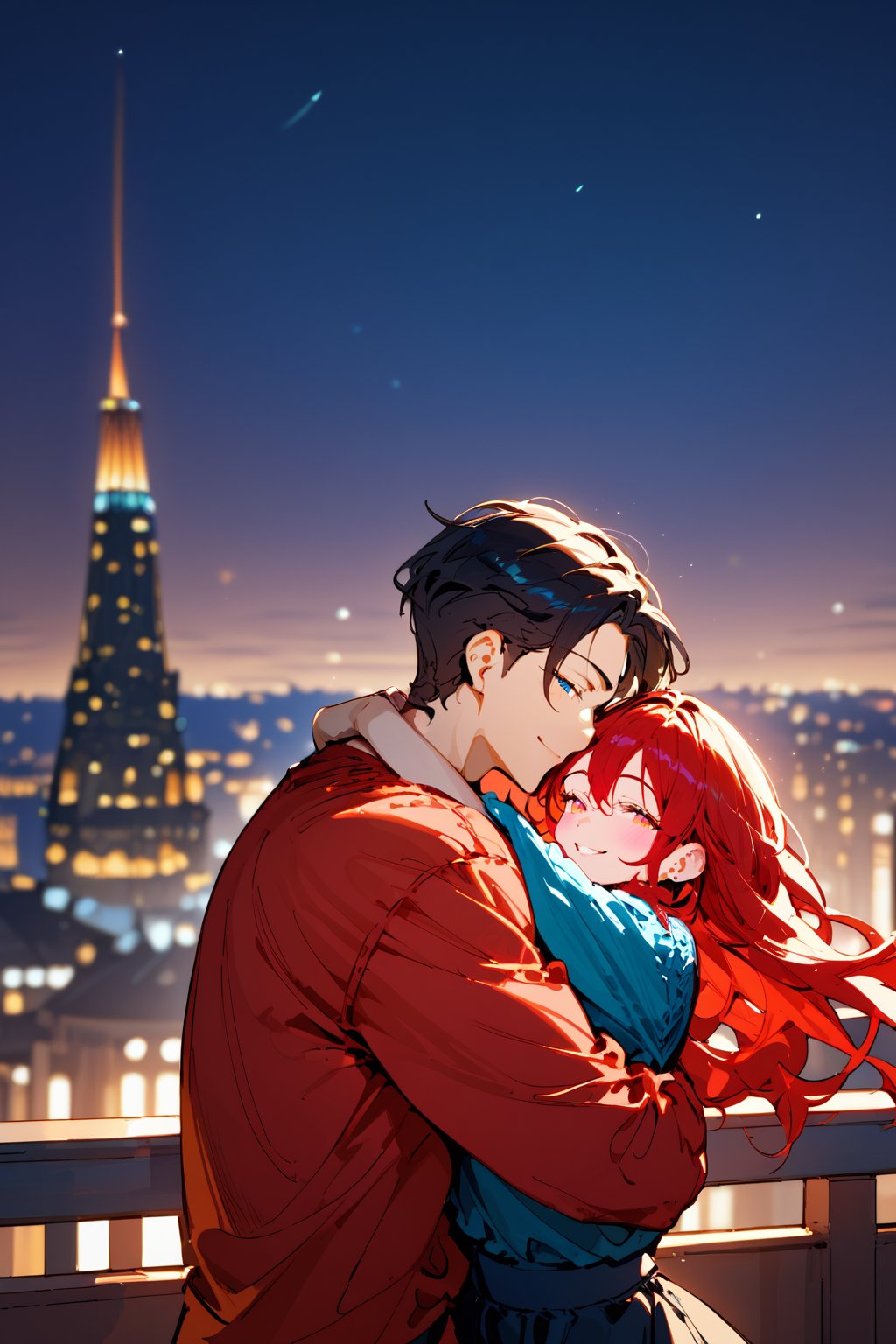 Score_9, Score_8_up, Score_7_up, Score_6_up, Score_5_up, Score_4_up,1girl (red hair), long_hair, hug, night, 1boy (black hair), Man_hugs_girl_from_behind, shirt, hetero, looking_at_viewer, brown_hair, night_sky, couple, sky, long_sleeves, cityscape,jaeggernawt,2b-Eimi