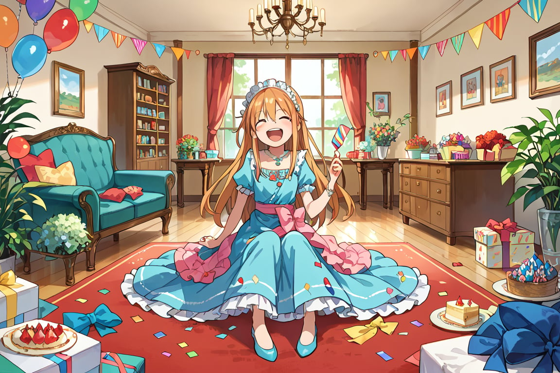 1girl, bottom eater, fancy dress,  happy,score_9,score_8_up,score_7_up,source_anime,BREAK, just a girl, full body, sitting, dining room in the background, birthday decoration,tohru