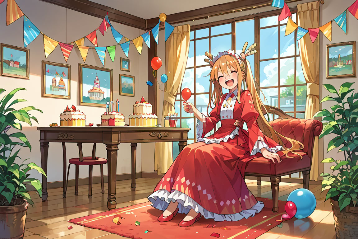 1girl, bottom eater, fancy dress,  happy,score_9,score_8_up,score_7_up,source_anime,BREAK, just a girl, full body, sitting, dining room in the background, birthday decoration,tohru