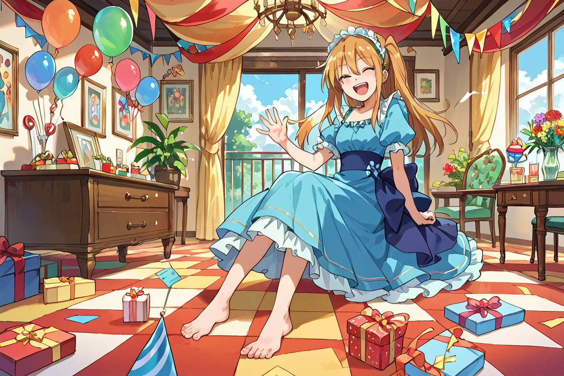 1girl, bottom eater, fancy dress,  happy,score_9,score_8_up,score_7_up,source_anime,BREAK, just a girl, full body, sitting on her feet, waving, dining room in the background, birthday decoration,tohru