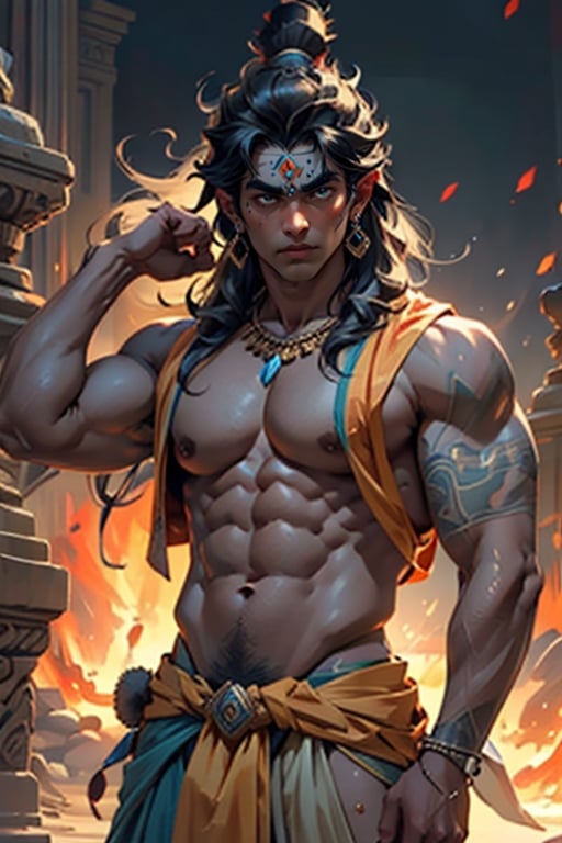 Hindu man,big muscles,red dhoti,asian,angry, hyper realistic,earings,lord shiva (hindu god Shiva) ,(((shiva)))