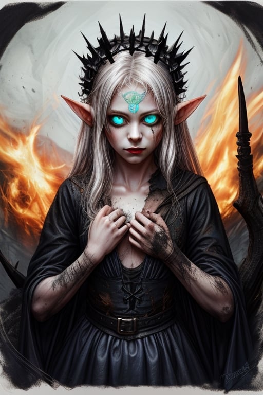 lady elf, black soot covered hands, tattered dirty white dress, thorn crown, blue flaming eyes