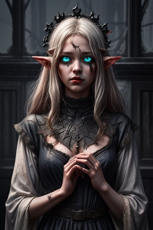 lady elf, black soot covered hands, tattered dirty white dress, thorn crown, blue flaming eyes