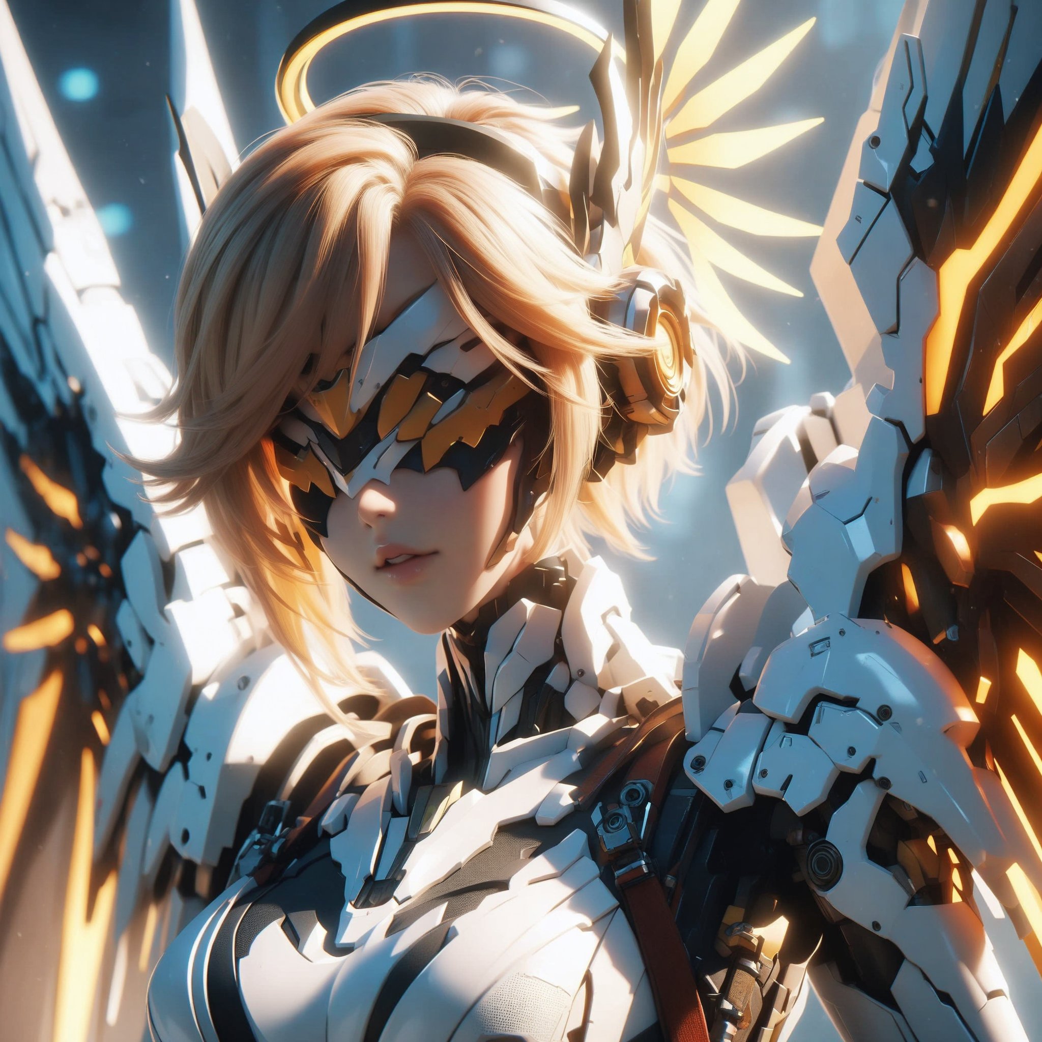 1 girl, upper body, mercy \(overwatch\), mechanical halo, mechanical wings, official alternate costume, headgear