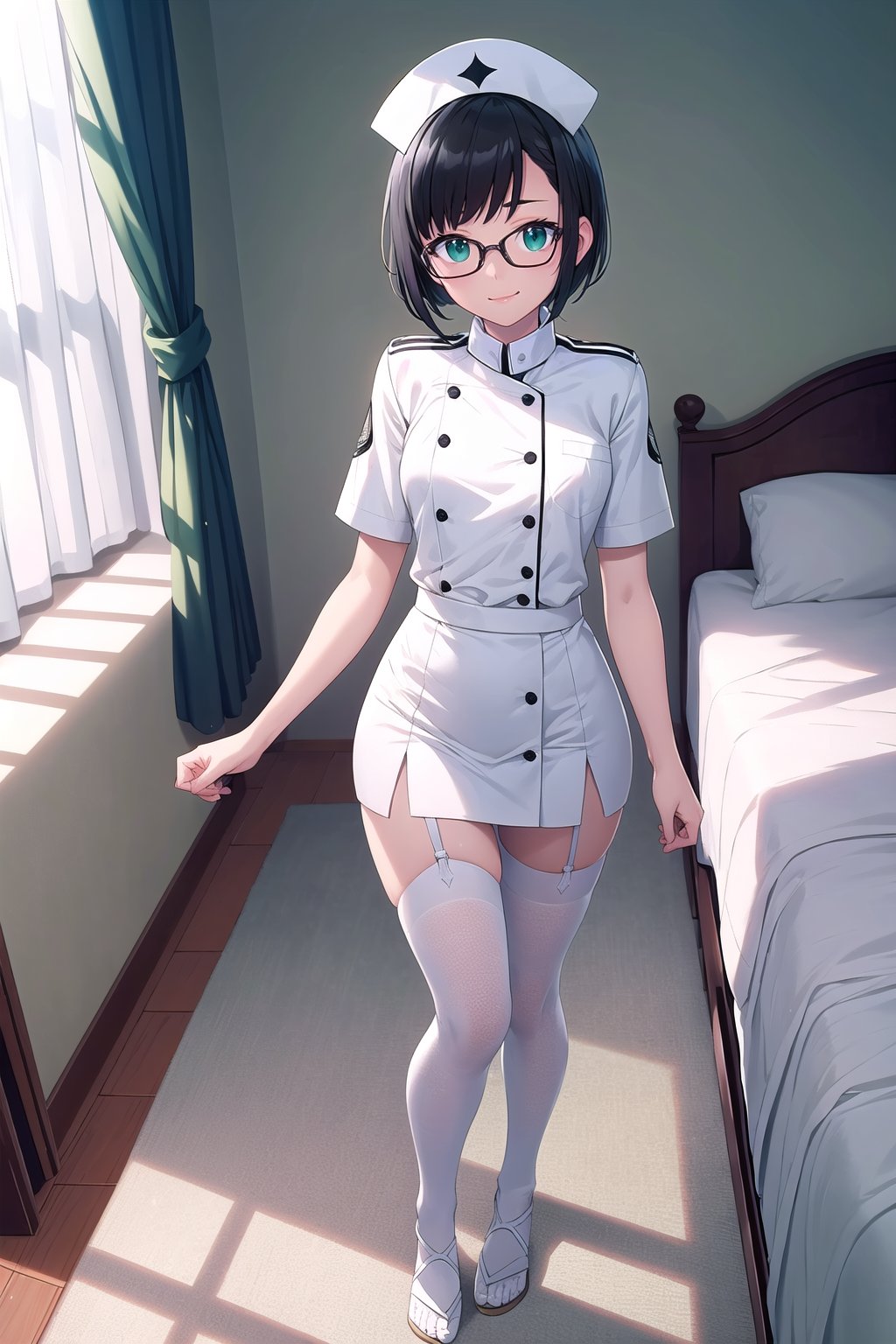 SFW, nurse, (white:1.4) nurse uniform, (white:1.4) tight skirt, (white:1.4) thigh high socks, (white:1.4) Garter belt, (white:1.4) mesh mules, light green accent, black hair, short bob, flat chest, standing front bed, raised one leg on bed, smile, thin eyeblow, black eyes, green round glasses, 

score_9, score_8_up, score_7_up,source_anime,rating_explicit,masterpiece,((best quality, 8k, ultra-detailed)),cg,perfect anatomy,(solo:1.4),1girl, 16yo, full body, 