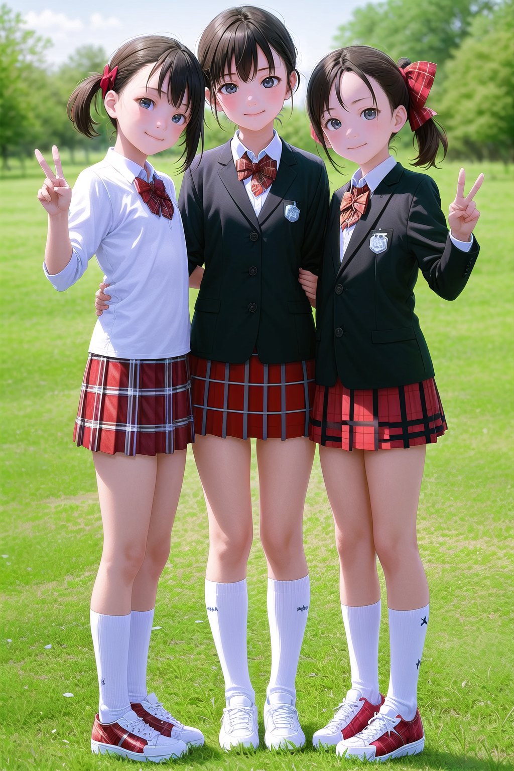 multiple girls,  14 years old, (short stature:0.8), Japanese, black hair, pixie cut, (flat chest:1.5), light smile, black wide eyes, head tilt, Peace sign, 
blazer uniform, (red plaid bow:1.4), (round collared cutter shirt:1.6), (red plaid midi skirt:1.6), white short socks, red converse sneakers, 
standing, hands on chest, full body, panorama, 
gr buruma, outdoor, school yard grass field, sunshine, blue sky, 

score_9, score_8_up, score_7_up,source_anime,rating_explicit,masterpiece,((best quality, 8k, ultra-detailed)),cg,perfect anatomy,