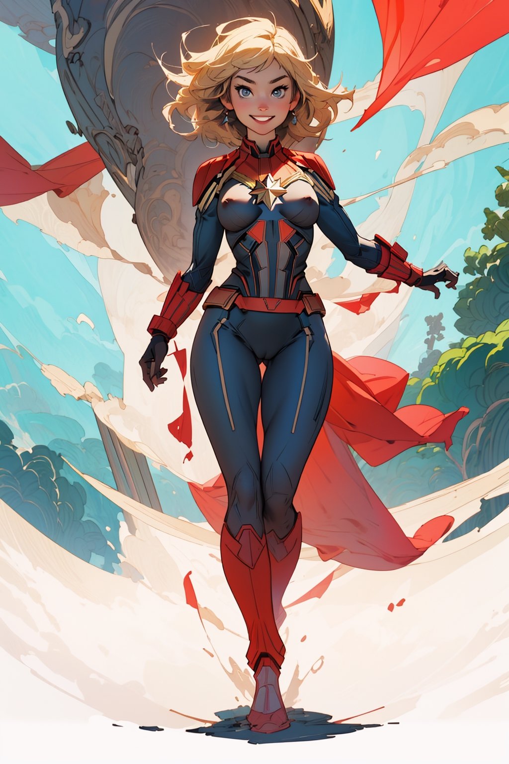 1girl,  nude,  Brie Larson as Captain Marvel walking happily towards viewer after battle in a torn suit by edgaronfo on Te...