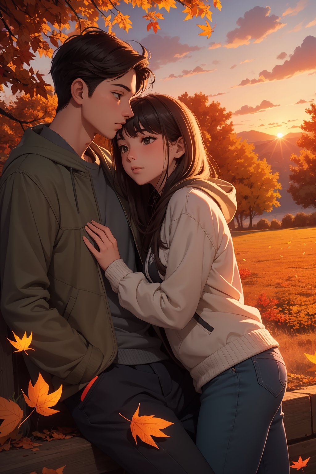 (masterpiece, best quality), lovely teenagers couple, hetero, sunset, automn, falling leaves, country, wallpaper, details background, ambient lighting