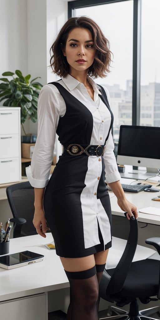 A realistic portrait of attractive female secretary in a stylish modern office uniform,  black stockings,  alternate_hair_...