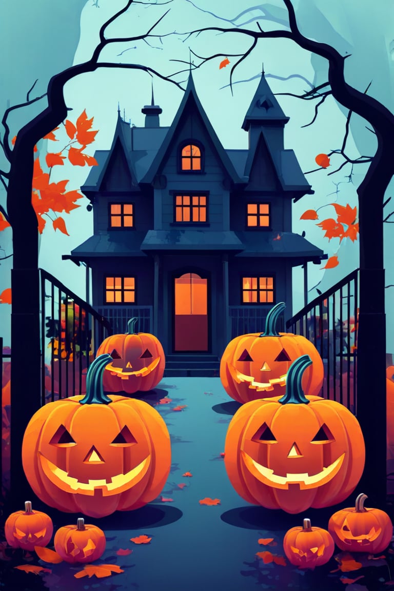 Flat art , 4 colors. Heavy line weight. Illustration scene  of a Halloween village  environment. Simplistic.  Minimalistic.  Cute image. Sfw, pumpkins. Spider webs. Halloween  color palette. Vibrant color. 