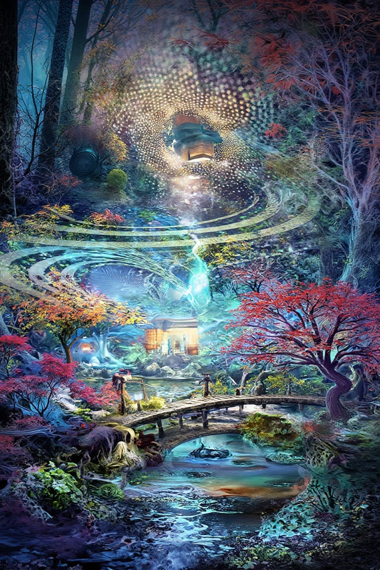 A serene Japanese Zen garden in autumn,  with a traditional wooden bridge arching over a koi pond,  surrounded by meticulo...