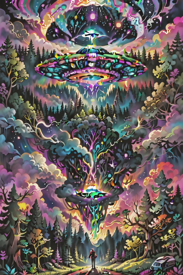 
 psychedelic visionary art. Spirit realm, metaphysical realm, esoteric,style, ufo,medium shot,  a ufo hovers above a forest with the night sky behind it, , psychedelic , (masterpiece, best quality, ultra-detailed), High detailed, detailed background,, score_9, score_8_up, score_7_up, best quality, masterpiece, 4k,ULTIMATE LOGO MAKER [XL],DonMB4nsh33XL neon highlights,,visionary art