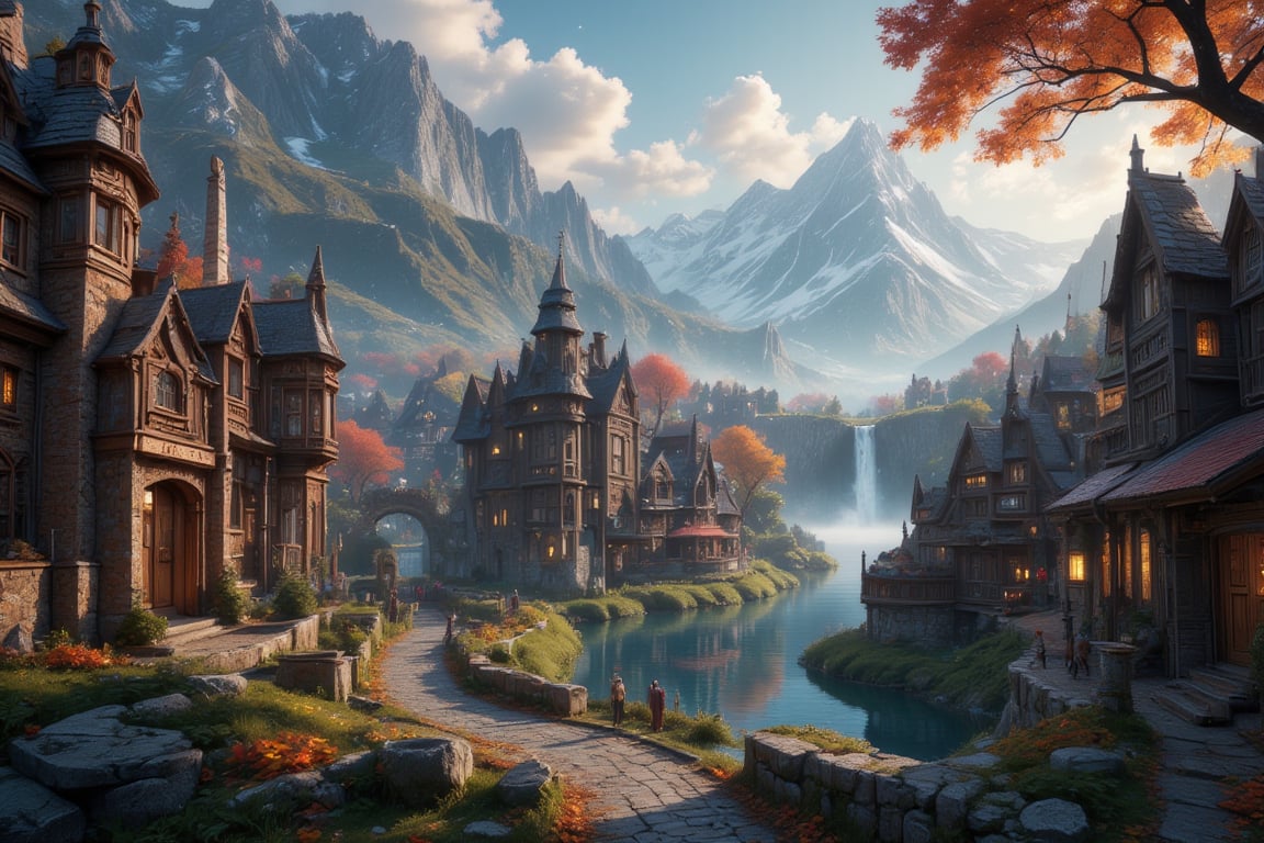  Beautiful Elven university and storybook cottages and shops  in a Fantasy Elven Village in autumn , mountains and waterfalls in the distance,Cobblestone road,atmospheric sun rays, gnomes elf villagers walking around,Trees, Hyperdetailed, colourful, digital Concept art, done on procreate,lightroom, Renaissance architecture, Lovely, Picturesque, Art by Eddie Mendoza, Studio Ghibli, Geometric Jean-baptiste Monge, Ivan Shishkin, Jordan Grimmer, An Jung-Hwan, yoann lossel, marc simonetti, HD, 8k,