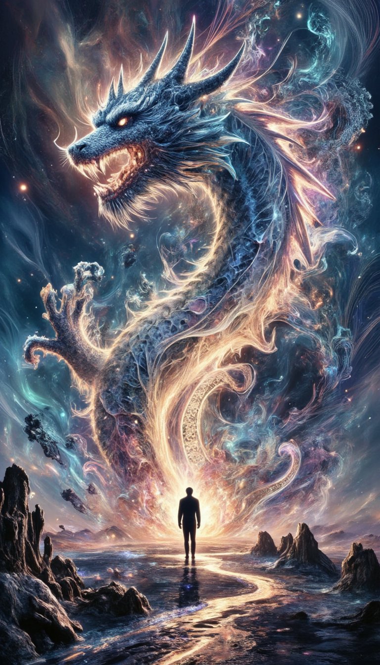 a massive dragon made of light and comsic energy guards the gates to another realm a wanderer stand before the dragon seek...
