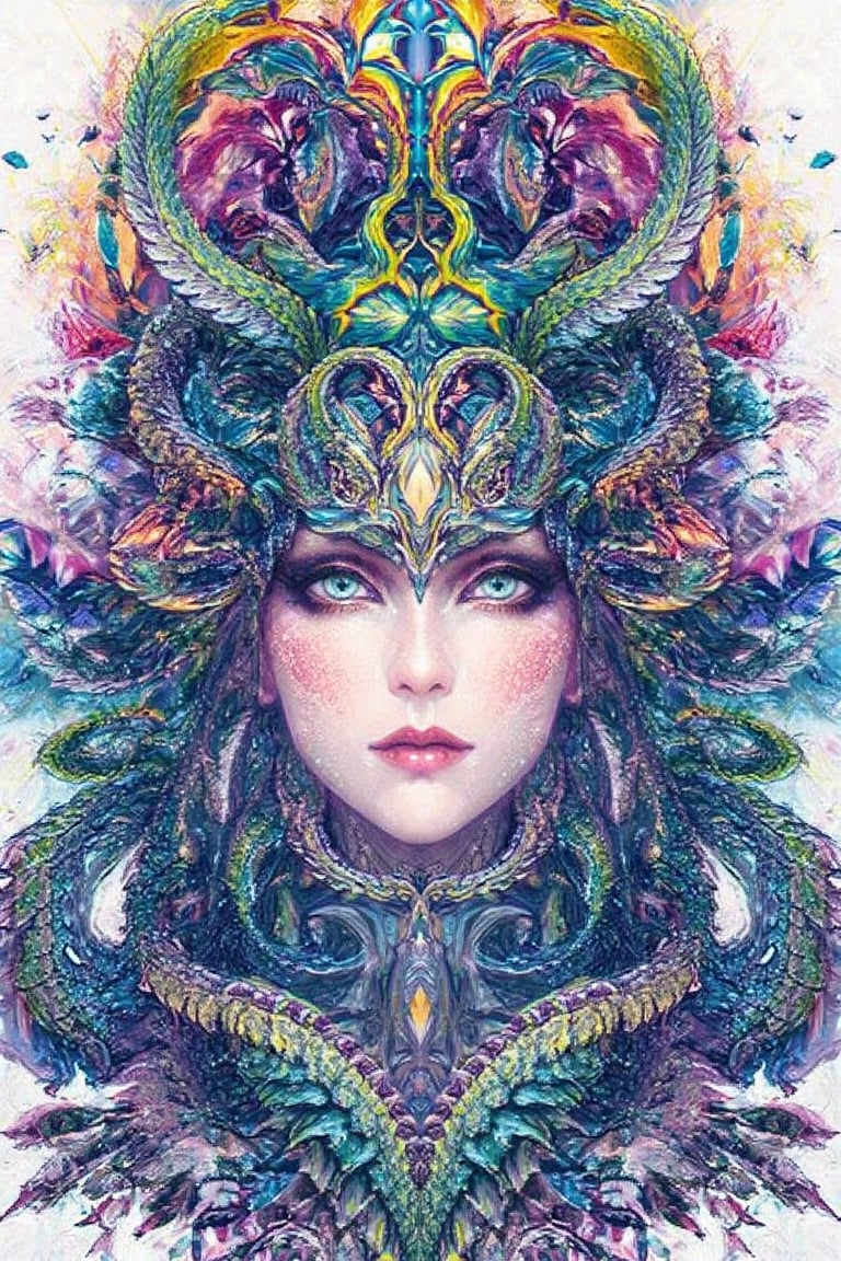 visionary art ,pen art,Dark Dramatic Ancient Elegant dark Goddess of the night , woman seen from the waist up, by Anna Dittmann and android jones,perfectly symmetrical image,Vibrant, In Watercolour,pen art, visionary art, symmetrical, beautiful detailed eyes (masterpiece, best quality, ultra-detailed), (perfect anatomy), High detailed, detailed background, anatomically correct, beautiful face, detailed hands, perfect eyes, expressive eyes, score_9, score_8_up, score_7_up, best quality, masterpiece, 16k,vivid colors,neon highlights,uv, 