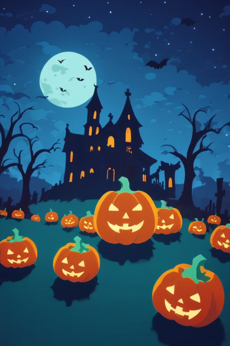 Pop Art medium shot of a halloween themed image,  ,pumpkin,  from an anime-style illustration, rendered in realistic sketch style. The scene is within out of focus graveyard and night sky background that fades out of focus , adding depth and mystery.5 colors, simple image, 