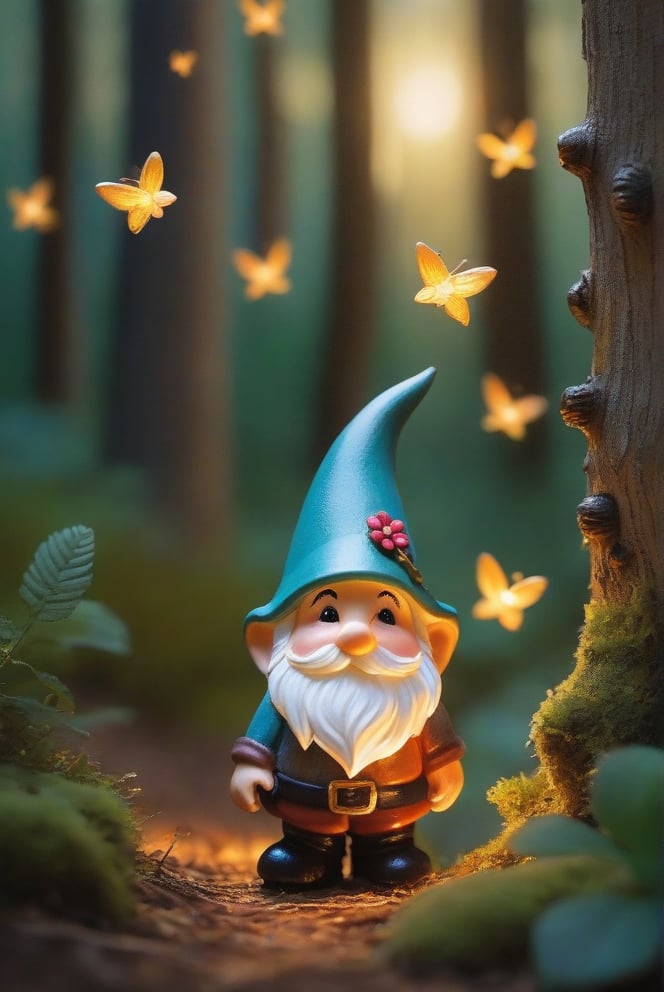 a little gnome walking  through a forest , three  quarters  view, large forest small gnome, dusk time, fire flies , sunset seen through the trees, whimsical  environment. 