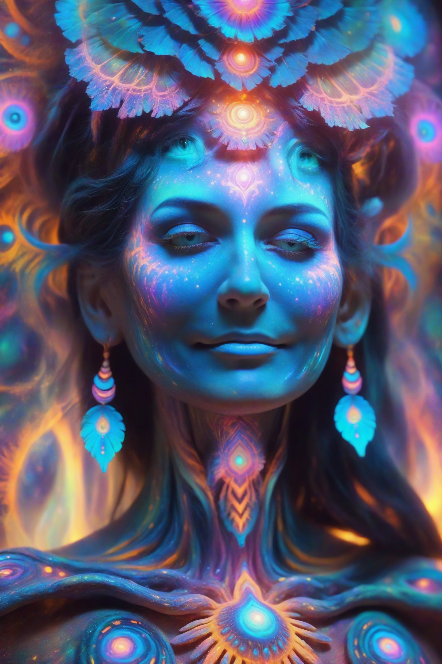 the most beautiful psychedelic visionary art shaman seen ,ever, ever created. ultra realistic. photo, high-density elements, and details. photo, fractal female shaman , sweetsmile, pastel colours, sacred geometry, glow, 