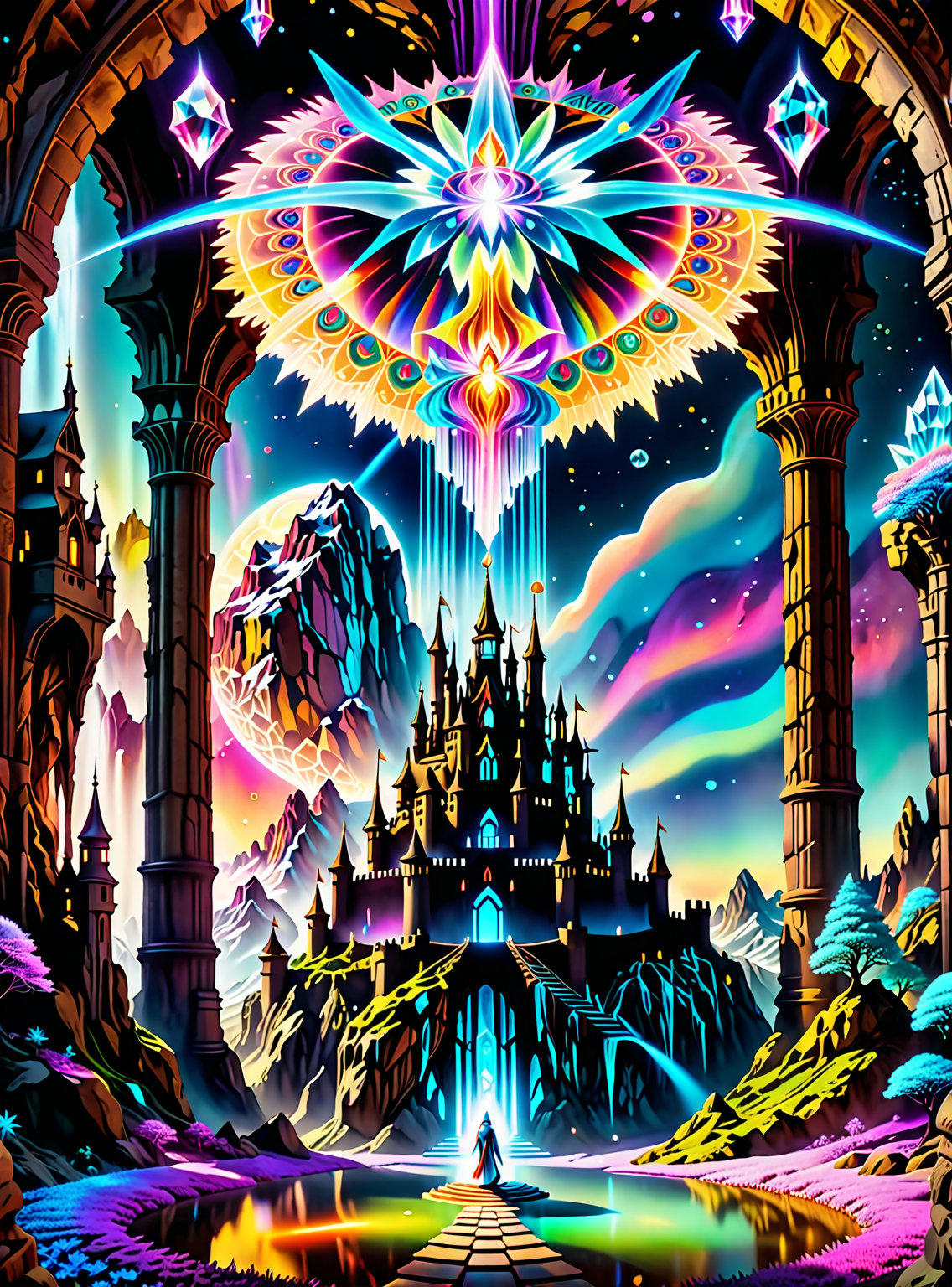 ((In the center of the MYSTICAL cave entrance surrounded by a large crystal formations is a GIANT  CASTLE  AND A  SEMI TRANSPARENT UFO MADE OF ASTRAL ENERGY HOVERS OF THE CASTLE THAT IS  MADE OUT OF SPIRITUAL ENERGY, it is made of translucent light and spiritual energy)) . A magical land psychedelic landscape wonderland with a  Guardian Spirit to watch over all. Dmt visuals. (visionary art style). ((symmetrical)) , uv, neon., uv highlights 
 fractals, sacred  geometry  and vivid color, (perfect symmetry),
 . Spirit realm, psychedelic landscape  , (masterpiece, best quality, ultra-detailed),, High detailed, detailed background, score_9, score_8_up, score_7_up, best quality, masterpiece,)) 4k,visionary art, everything fits into the image,