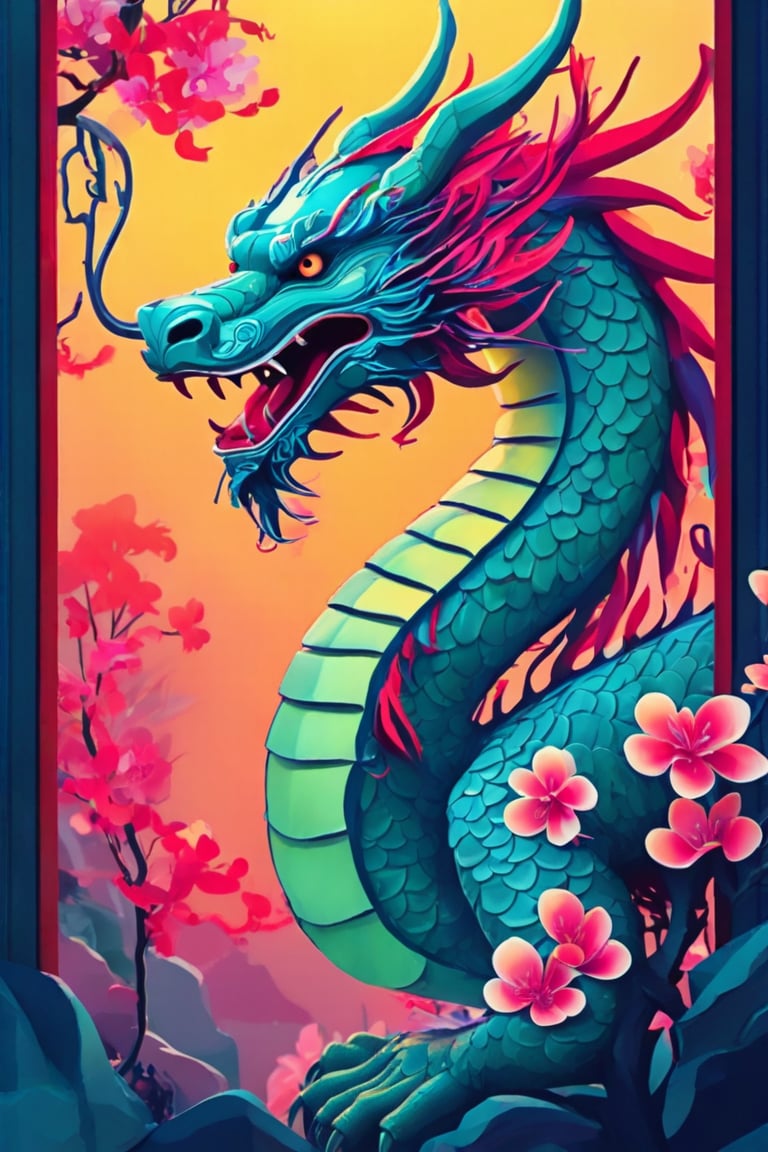 Flat art , 6 colors. Heavy line weight. Illustration scene ,Pop Art Close-up shot of aa chinese dragon  The scene is framed within a out of focus garden background that fades , . Simplistic.  Minimalistic.    Vibrant color.  no shading . No highlights . Flat art