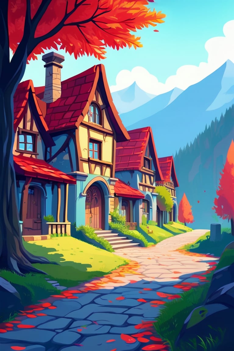 Flat art , 6 colors. Heavy line weight. Illustration scene Beautiful Elven storybook cottage in a Fantasy Elven Village in autumn , mountains and waterfalls in the distance,Cobblestone road,atmospheric sun rays,  colourful,  Renaissance architecture, Lovely, Picturesque,   environment. Simplistic.  Minimalistic.   Spider webs. Vibrant color.  no shading . No highlights . Flat art