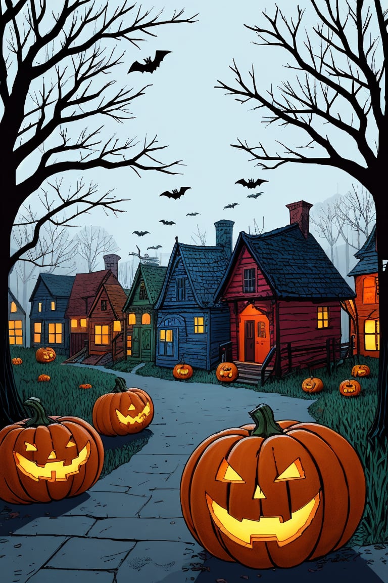 Flat art , 6 colors. Heavy line weight. Illustration scene  of a Halloween village  environment. 