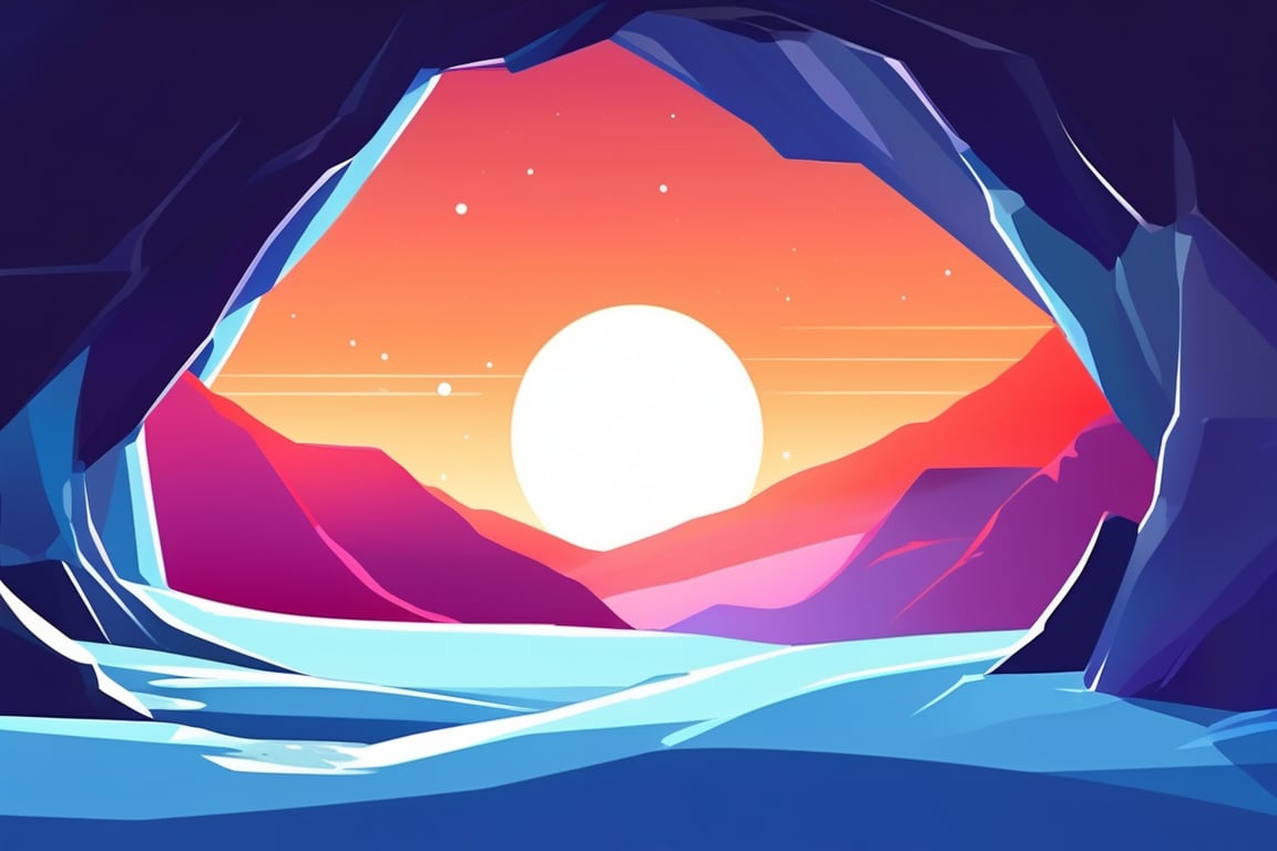 Flat art , 4 colors. Heavy line weight. Illustration scene  of a a crystal cave open up to a snow landscape with a giant portal of transcendent light beaming up into the sky, . Simplistic.  Minimalistic.    Vibrant color.  no shading . No highlights . Flat art