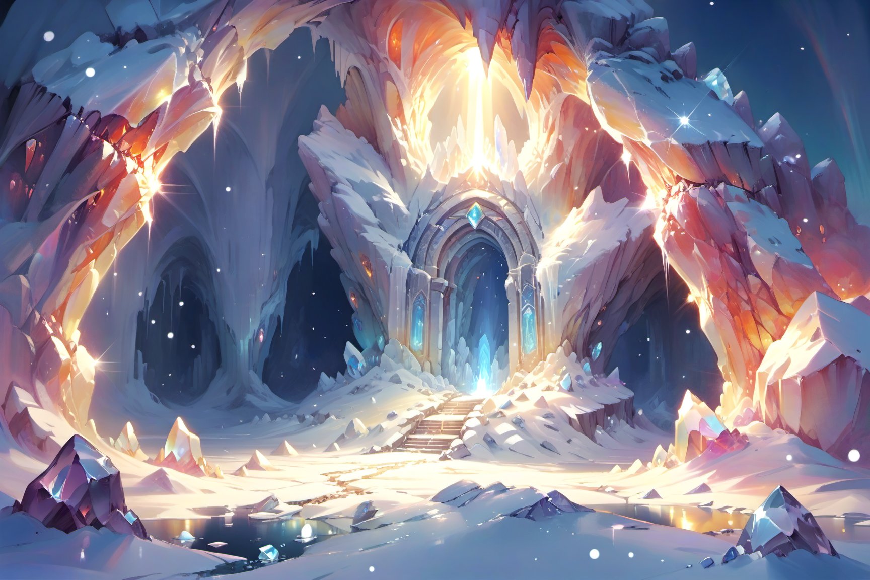 a crystal cave open up to a snow landscape with a giant portal of transcendent light  beaming up into the sky, 