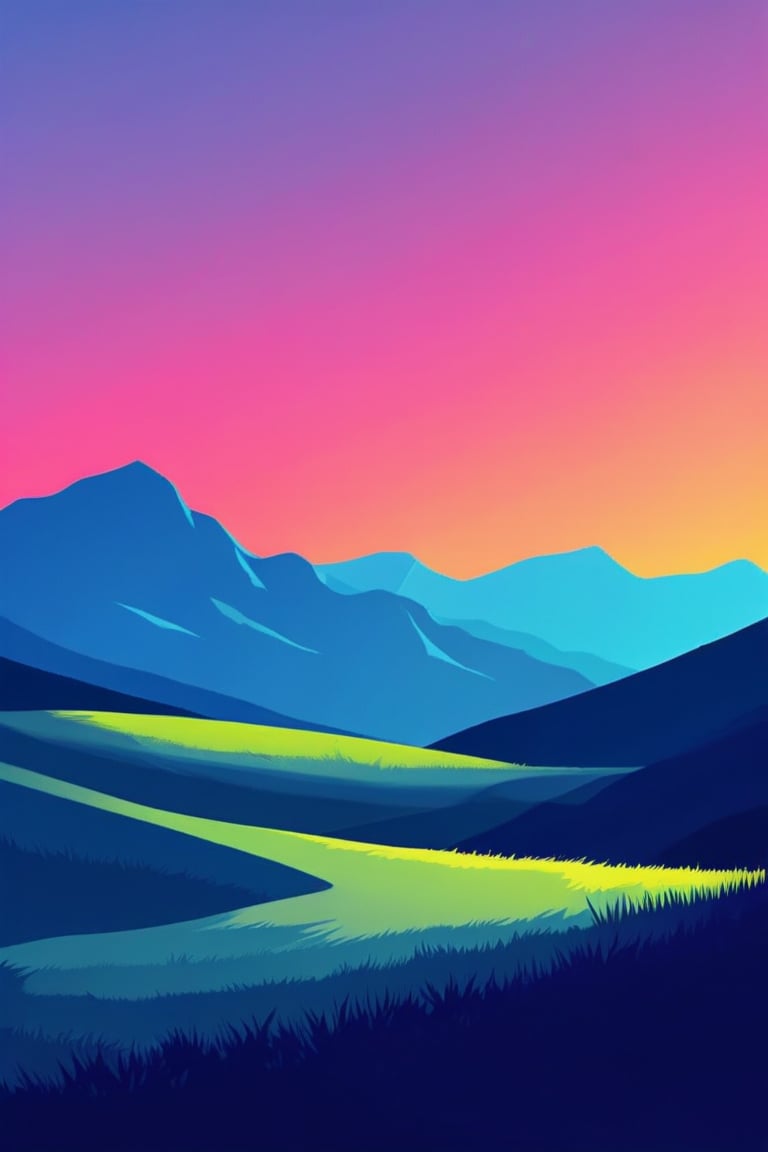 Flat art , 6 colors. Heavy line weight. Illustration scene  of a grassland with mountains in the distance environment. Simplistic.  Minimalistic.  Vibrant color.  no shading . No highlights . Flat art